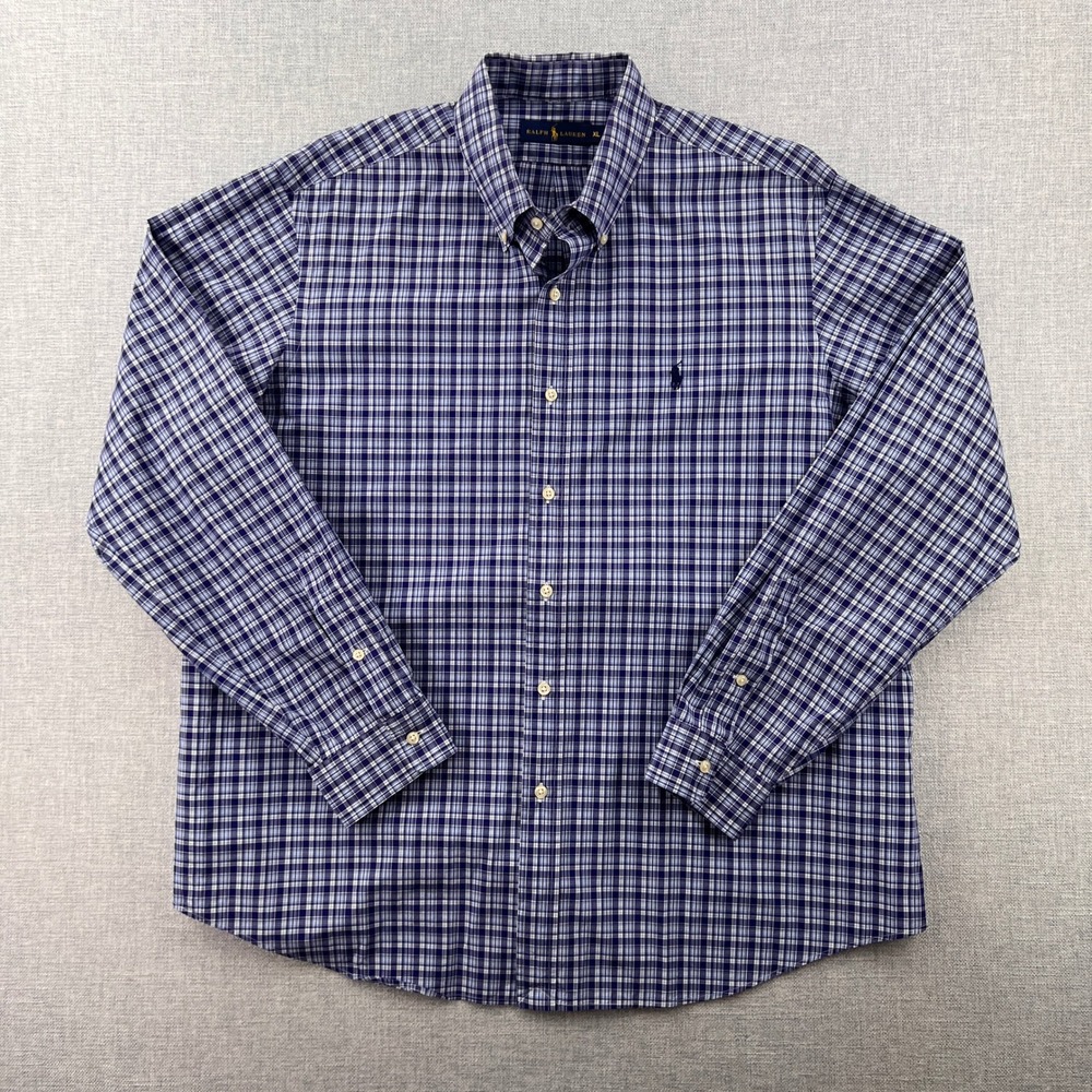 Ralph Lauren Men XL Blue White Plaid Cotton Button Down Long Sleeve Shirt Preppy - Picture 3 of 10